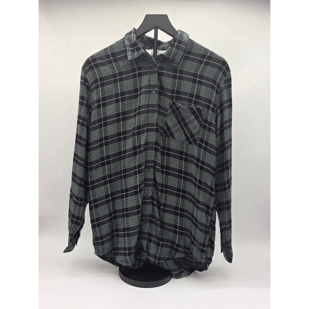 Market & Spruce Women's M Green Black Plaid Rayon Button-Up Shirt 101-799